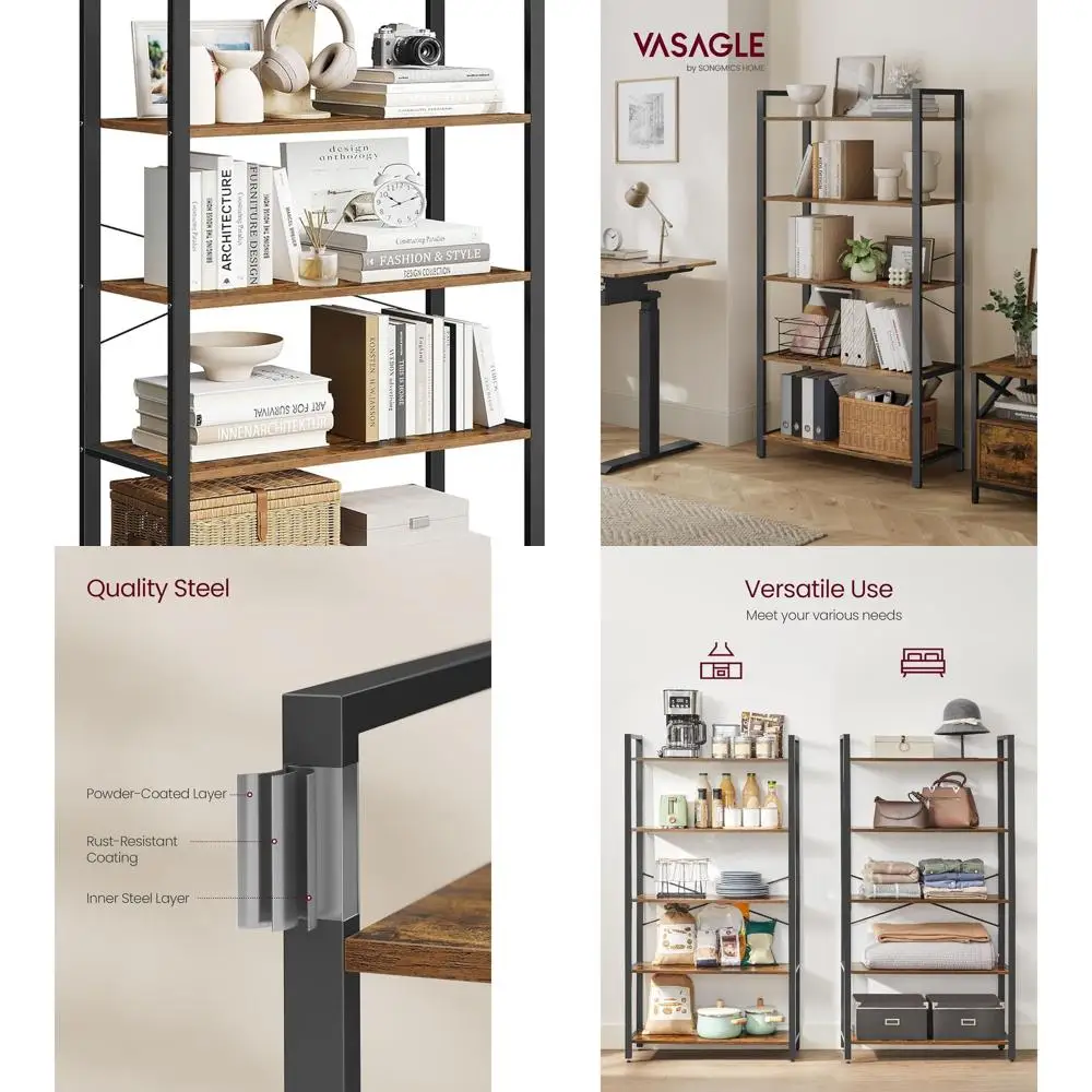 5-Tier Industrial Style Bookshelf, Rustic Brown and Ink Black, for Living Room, Home Office, Study, 11.8 x 31.5 x 60.2