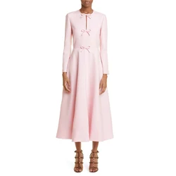 Customized Pale Pink Party Dresses for Women Long Sleeve Bow Midi Party Gown O Neck A Line Tea Length Elegant Dinner Dress Short