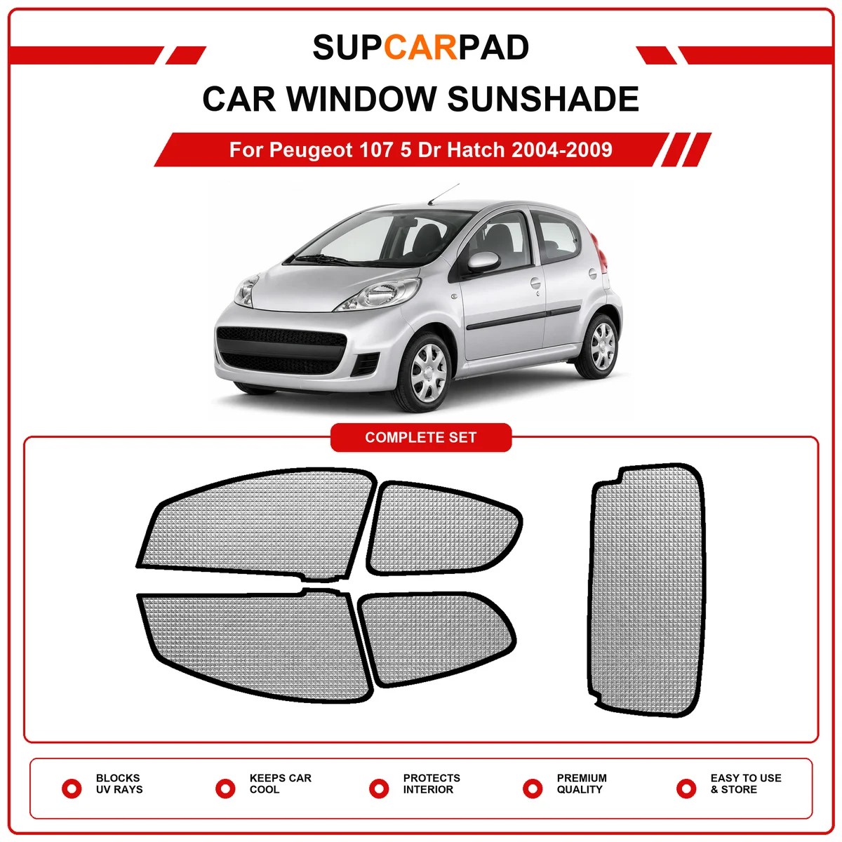 For Peugeot 107 5 Dr Hatch 2004-2009 Pre‑Cut Auto Window Sunshade Anti‑UV Car Sun Visor Protector
