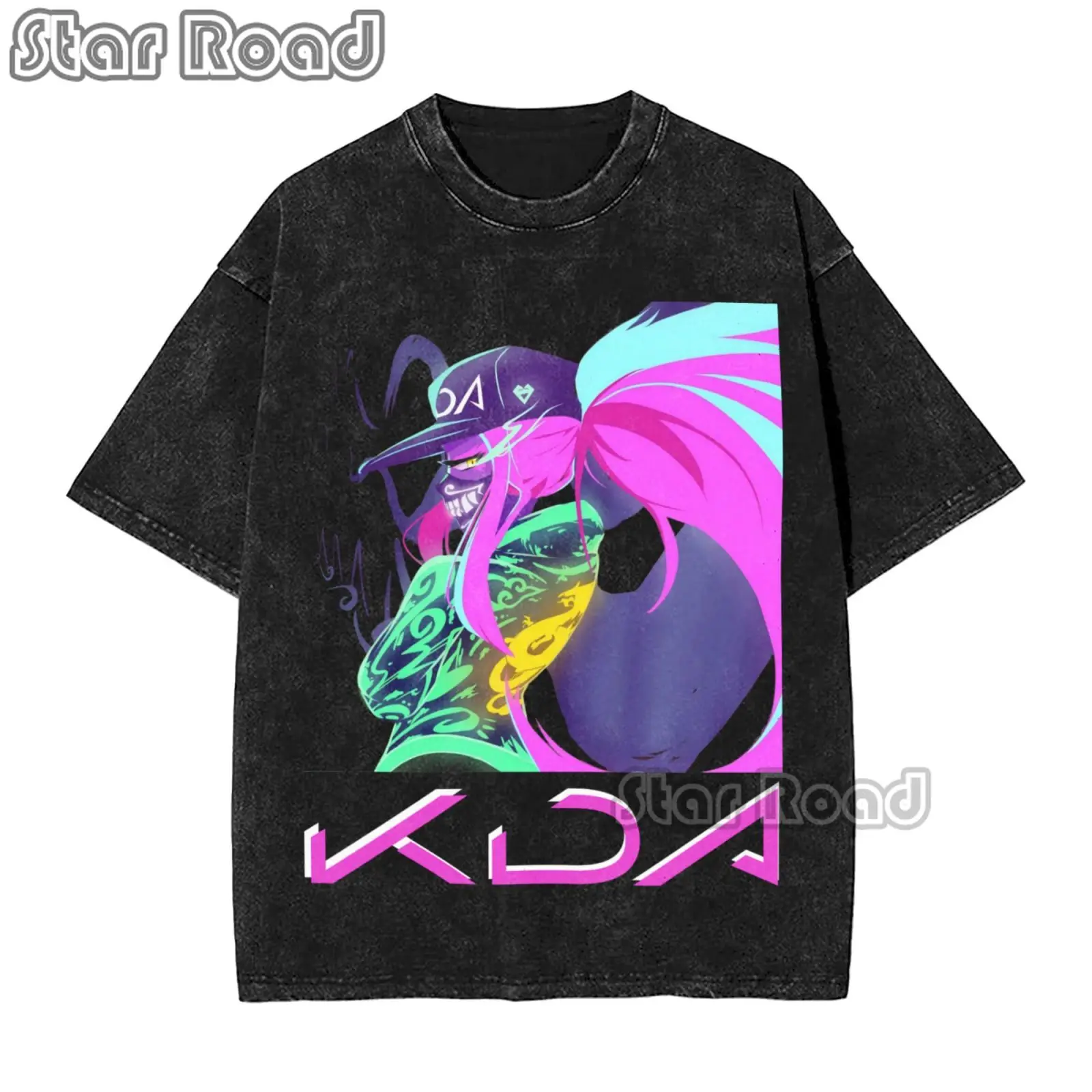 

Summer League of Legends Akall Loose Washed Tops Tees Print T-Shirt Mens Streetwear Vintage Black T-Shirt Oversized T-Shirt