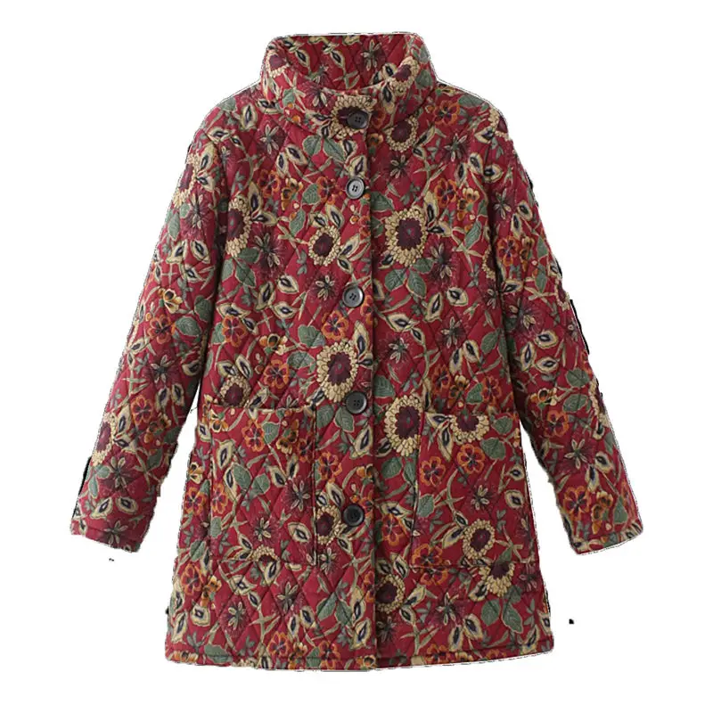 Plush Thickened Cotton Coat Middle-Aged And Elderly Mothers Winter Medium Length Sunflower Printed Oversized Warm Jacket Z3924