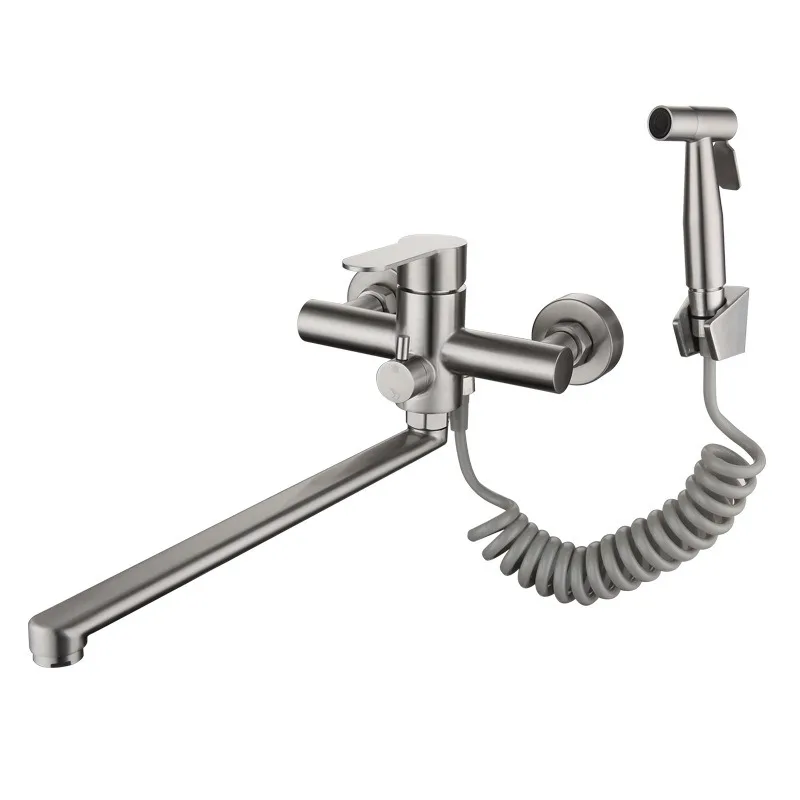 304 Stainless Steel Embedded Extended Spout Kitchen Faucet Set, Pressurized Spray Gun Bathroom Multifunctional Faucet