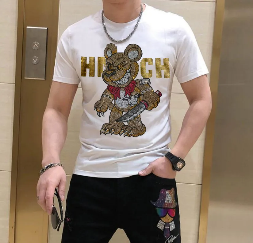 S-6XL     T-Shirt  Rhinestone  Men\'s  Summer   Anime Fashion Casual Round Neck Short Sleeve  Designer     Sports