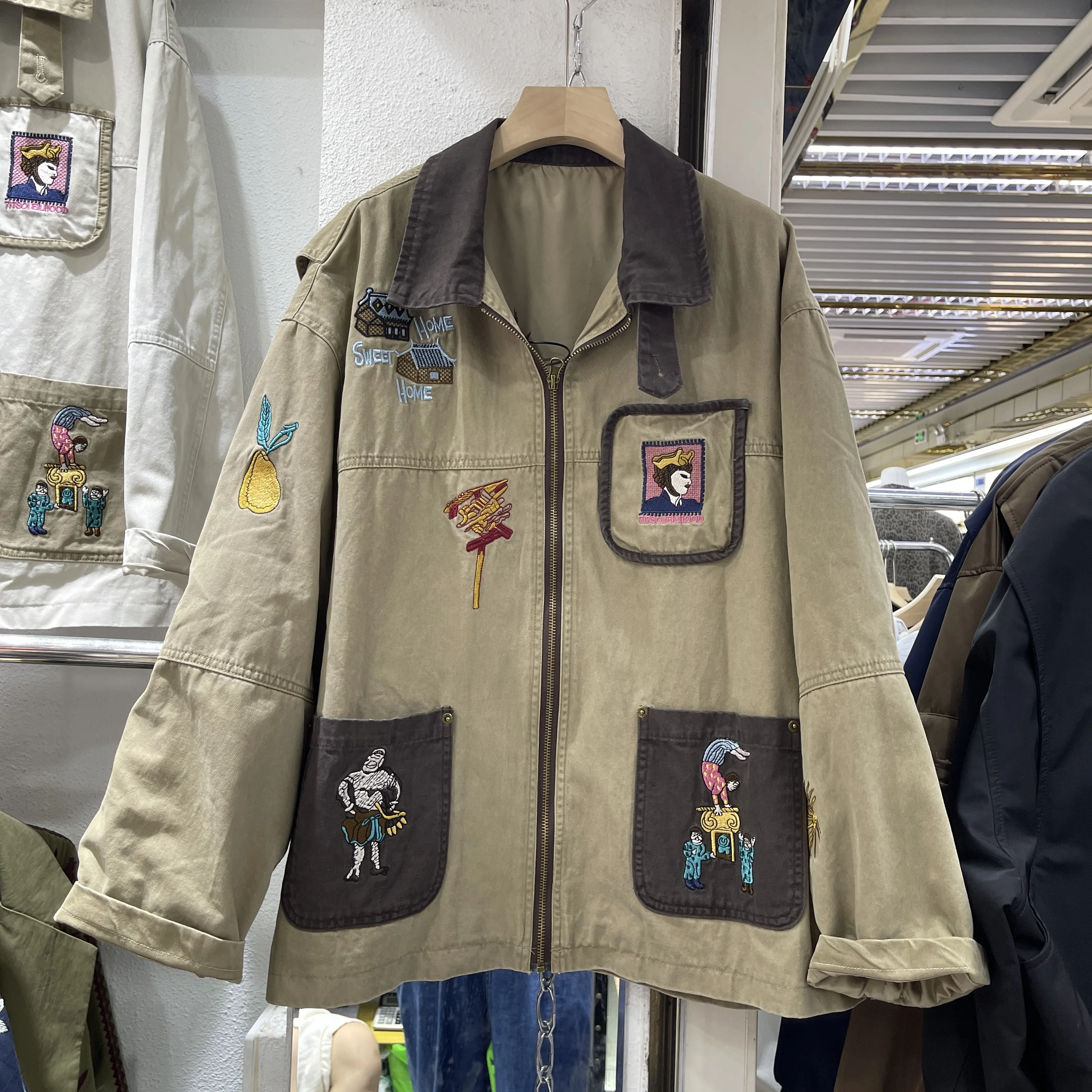 2025 New Designer Nomadic Style Contrast Color Cartoon Embroidery Pattern Lapel Jacket Loose Coat Women Autumn Jacket