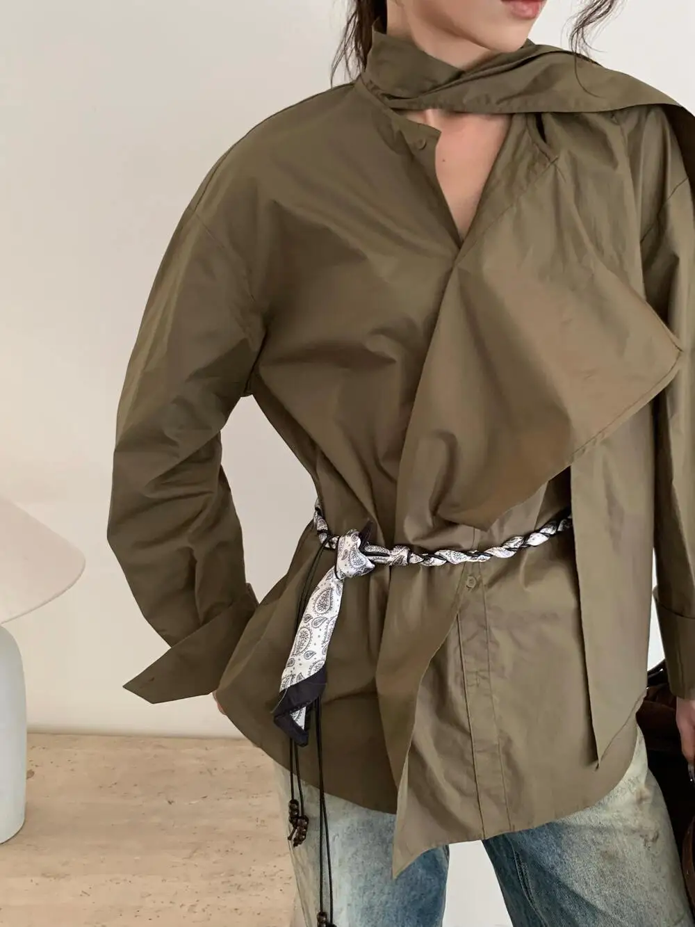 BJTZ Lose Fit Reine Farbe Rüschen Kragen Hemd Für Frauen 2025, Frühling Herbst Neue Vielseitige Vintage Casual Weibliche Bluse Top