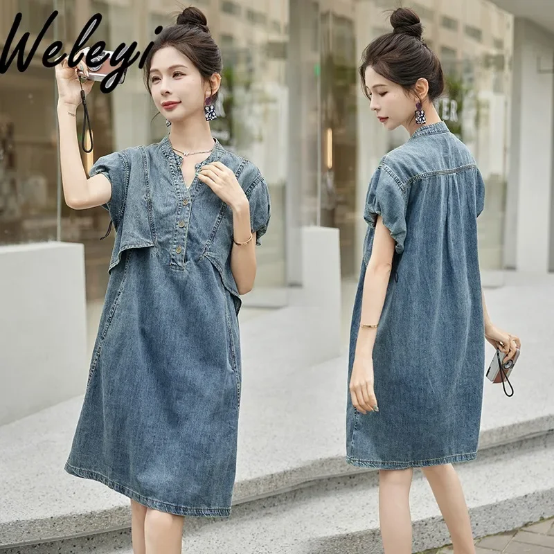 

Ropa De Mujer Kawaii Denim Dress Summer Streetwear New in V Neck Short Sleeved Drawstring Sukienka Casual Fashion A Word Kleider