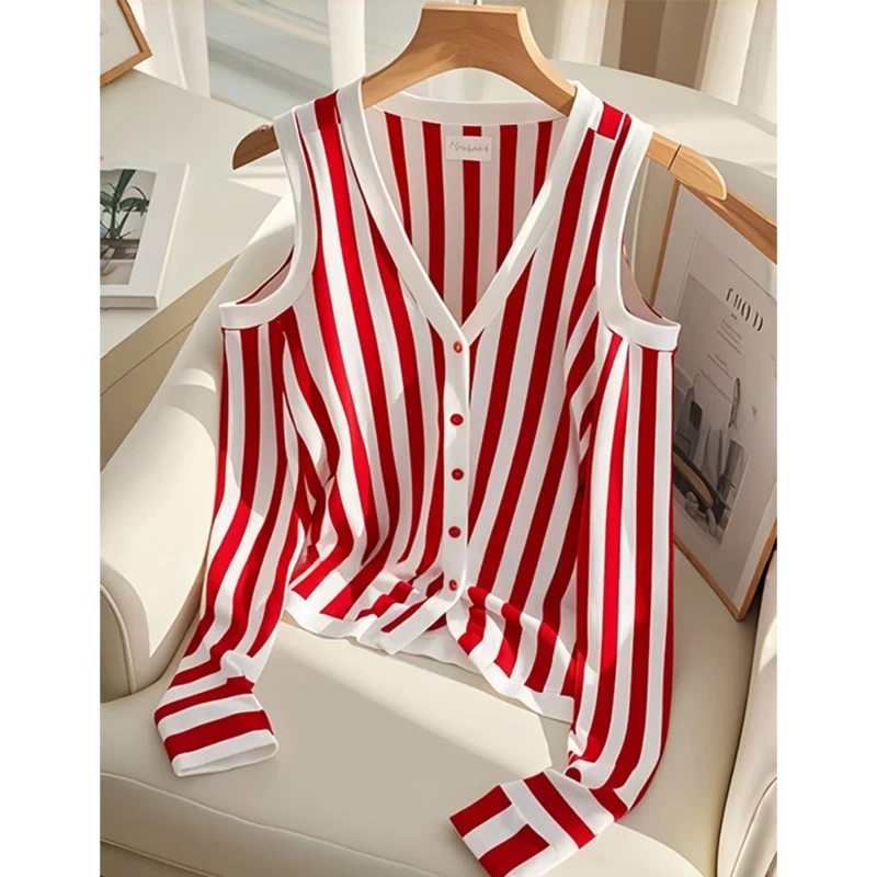 Korean Red Striped Loose Off Shoulder T Shirts Spring Autumn New Long Sleeve Loose Trend Tops Fashion Vintage Women Clothing