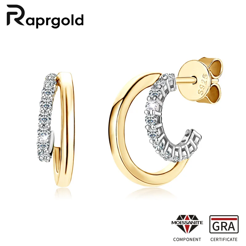 RAPRGOLD GRA Certified Moissanite C-shaped Stud Earrings for Women S925 Sterling Silver Double Colors Wedding Fine Jewelry Gifts