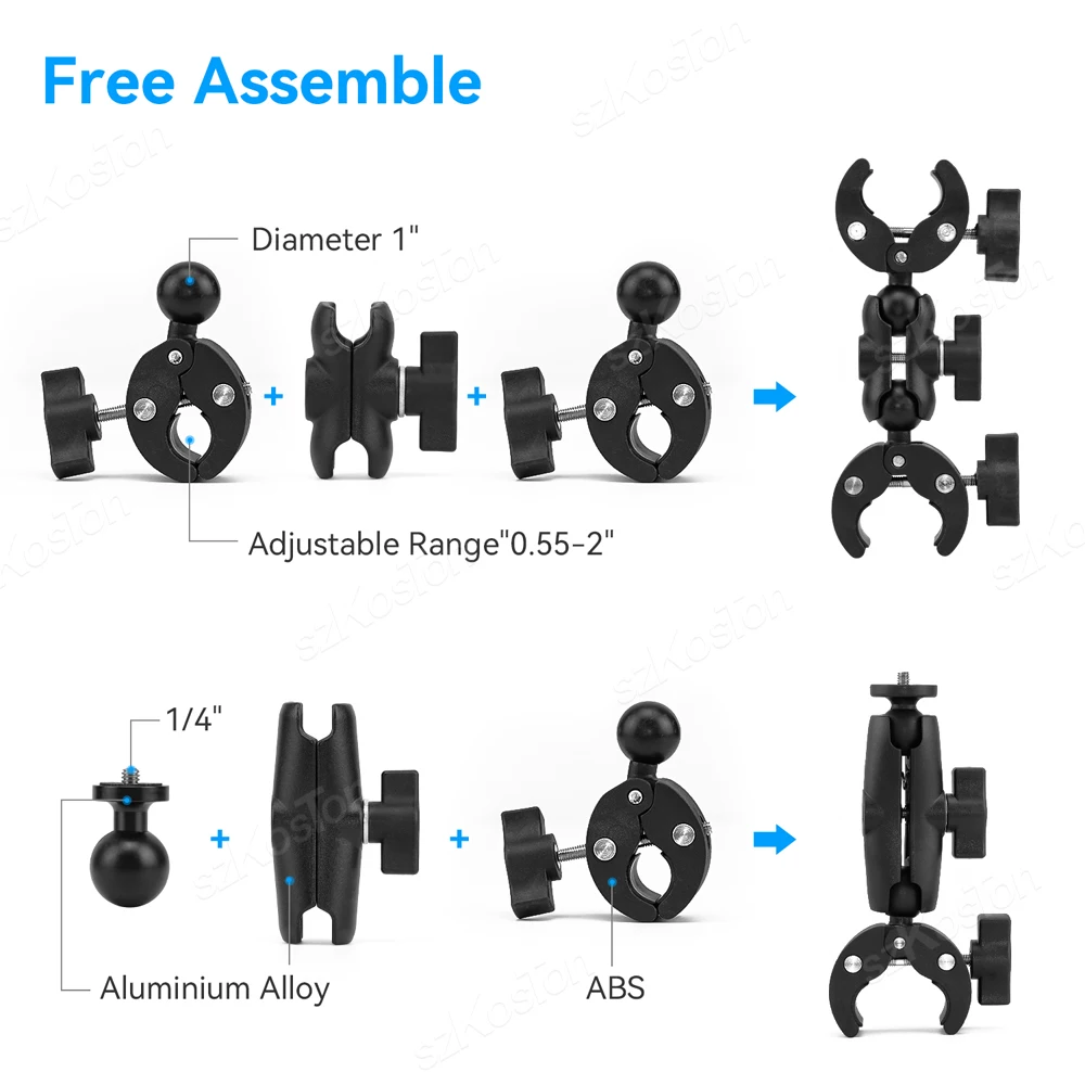 Super Camera Clamp Mount Double Socket Arm Ball Head Adapter GoPro 13 12 11 10 9 DJI Action 4 Insta360 X4 Digital Camera Monitor