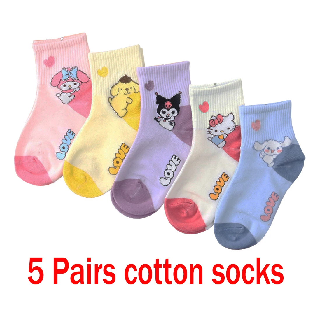 5 Pairs Sanrio Kids Socks Hello Kitty Kuromi Cinnamoroll Spring and autumn Girl Children Mid-calf Socks Cotton Sock for Girls