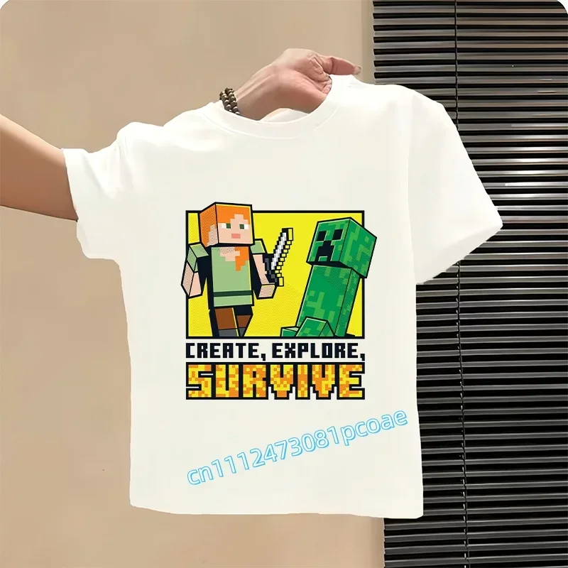 Cute Minecraft Character Print Kidsv Boys Girls T-Shirt with Element, Fun and Creative Design for Children Comfortable Tee For
