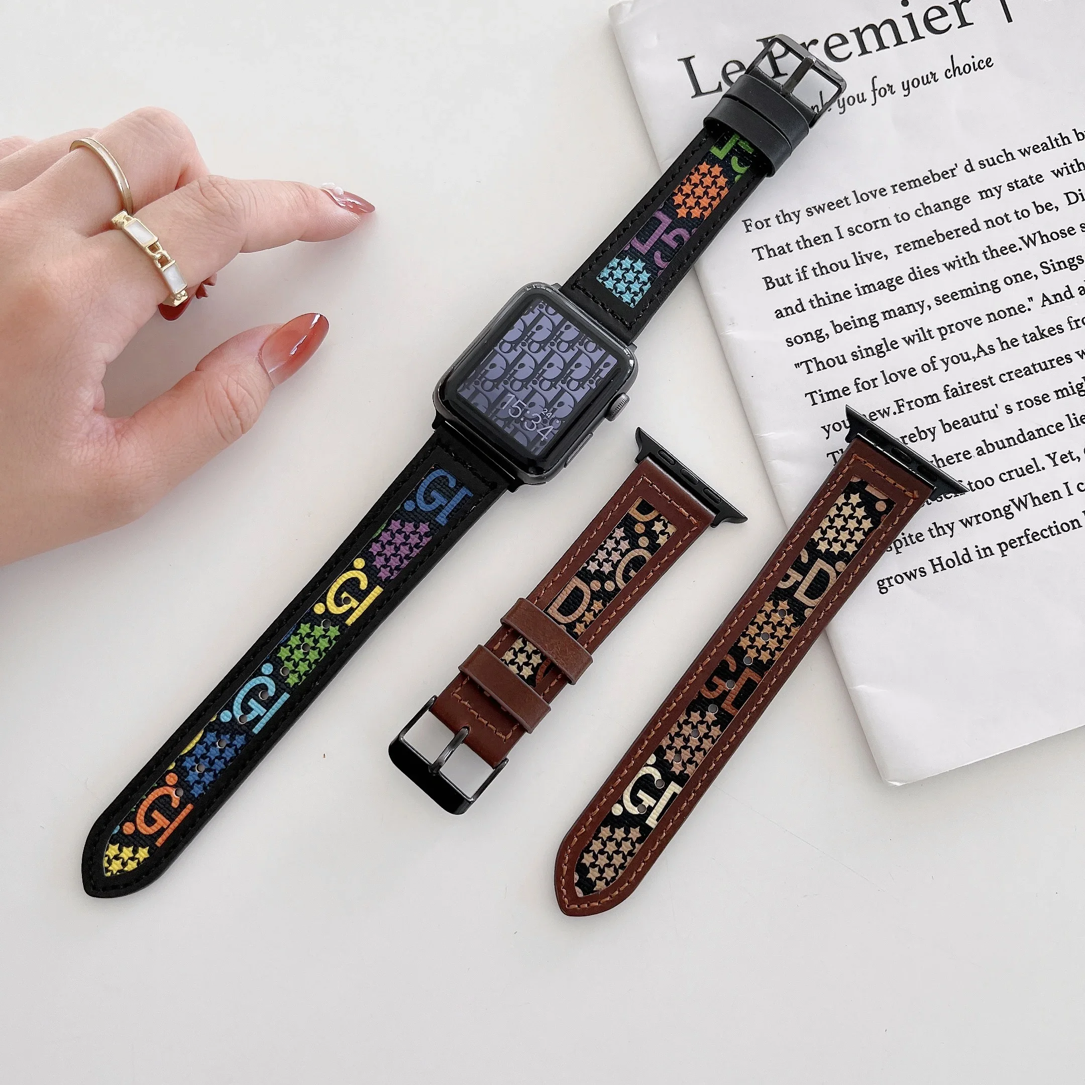 Leather Strap For Apple Watch Ultra 10 9 8 7 46mm 45mm 41m Letter Style Bracelet For iWatch 6 5 4 SE 44mm 42mm 40mm 38mm Correa