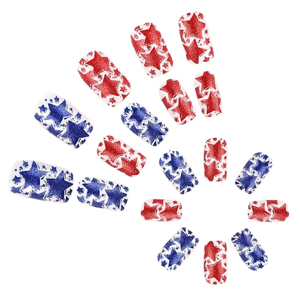 Square Shape Short Acrylic False Nails for Independence Day with Red Blue Star Designs, Reusable for Women