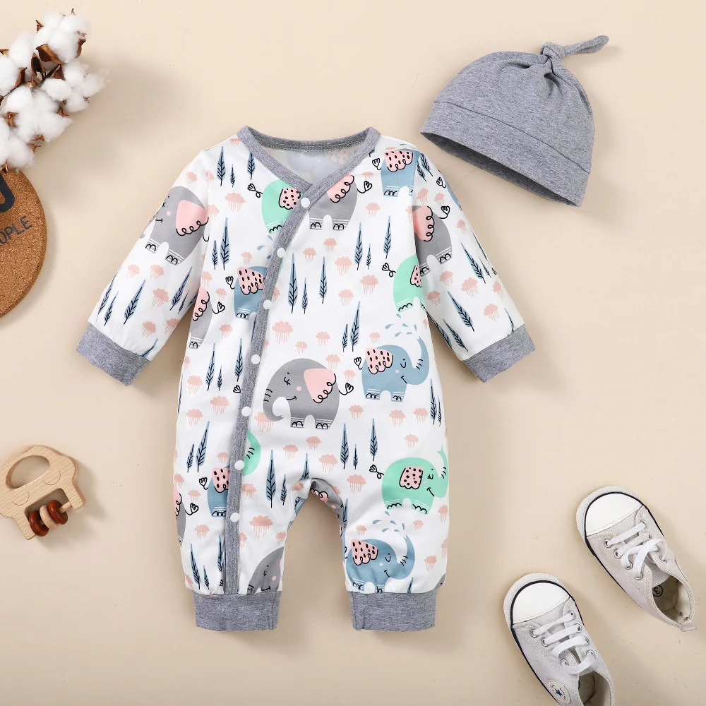 0-18 Months Newborn Baby Boy Romper Long Sleeves Animal Jumpsuit+Hat 2PCS Clothing Infant Boy Bodysuit for Spring&Autumn Wear