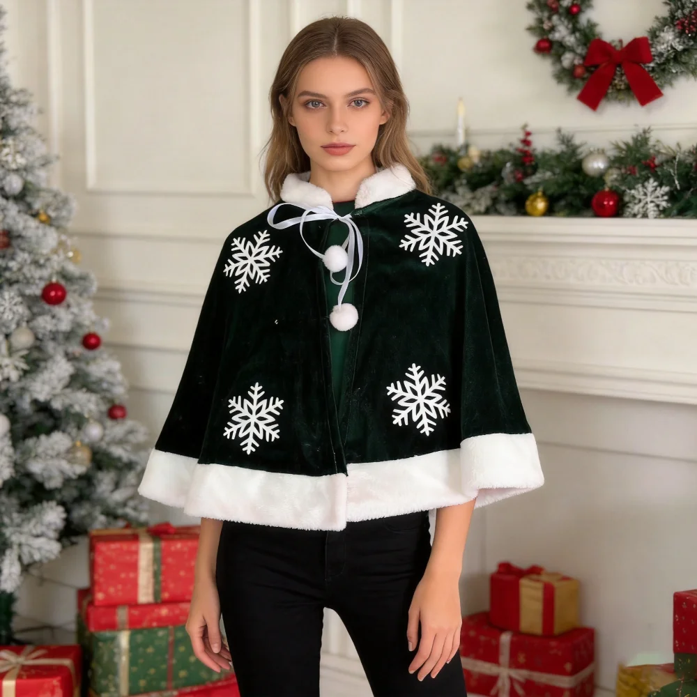 Adult Christmas Green Velvet Cape Costume Set Snowflake Pattern Hat Gloves Women Xmas Holiday Party Cosplay Fancy Dress Outfit
