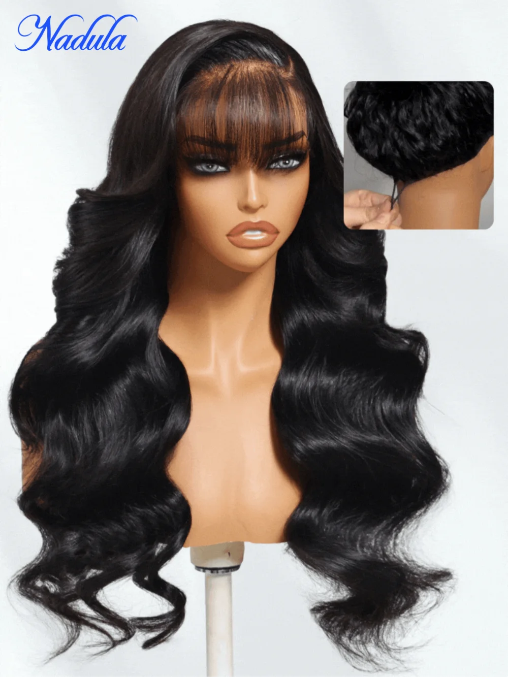 Nadula 13x4 Pre-todo ™ Peluca ondulada de cuerpo esponjosa de parte lateral con flequillo de aire fino Pelucas de cabello sin pegamento con cordón invisible