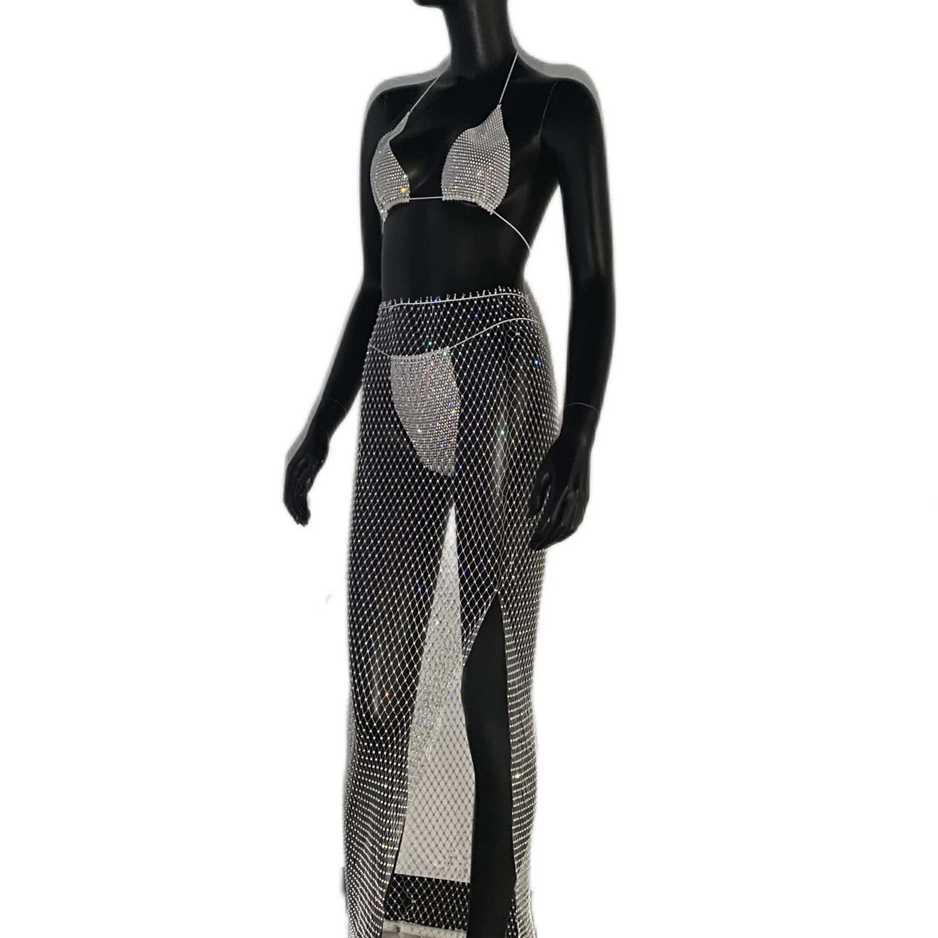 New Women's Clothing Mesh Rhinestone Fishnet Polyester Bikini Suit Backless Hollow out Hot Girl Body Chains Two-Piece Set