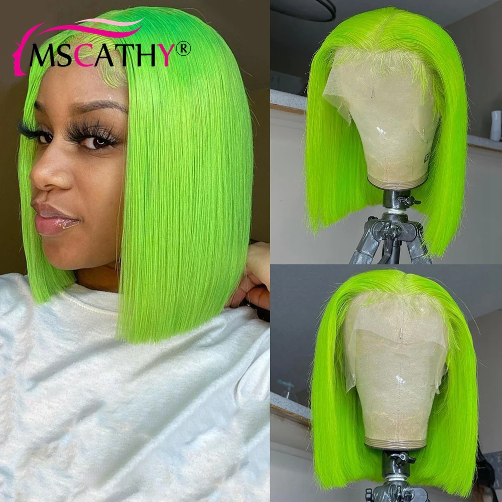 Perruque Bob Lace Front Wig naturelle brésilienne Remy, cheveux courts lisses, couleur vert pomme, 13 age, coupe Pixie 180%, pre-plucked, transparente