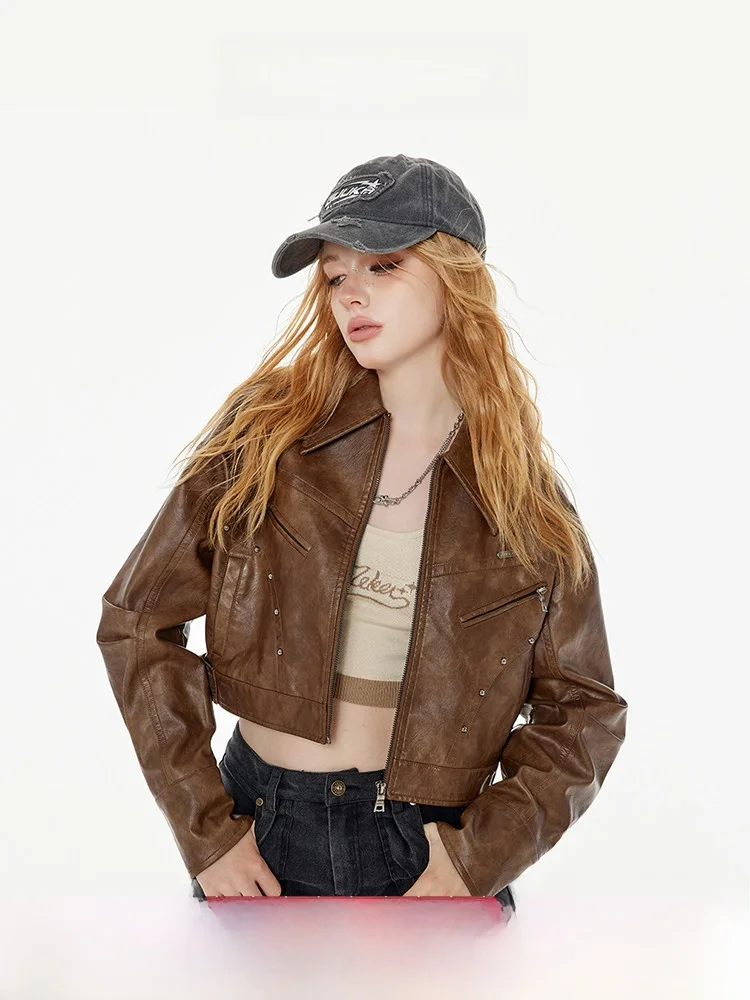 Coffee Brown Short Jacket Women's Autumn Caramel Color Jacket Brown Leather Shirt Mermaid Matching Top Street Style Loose Fit