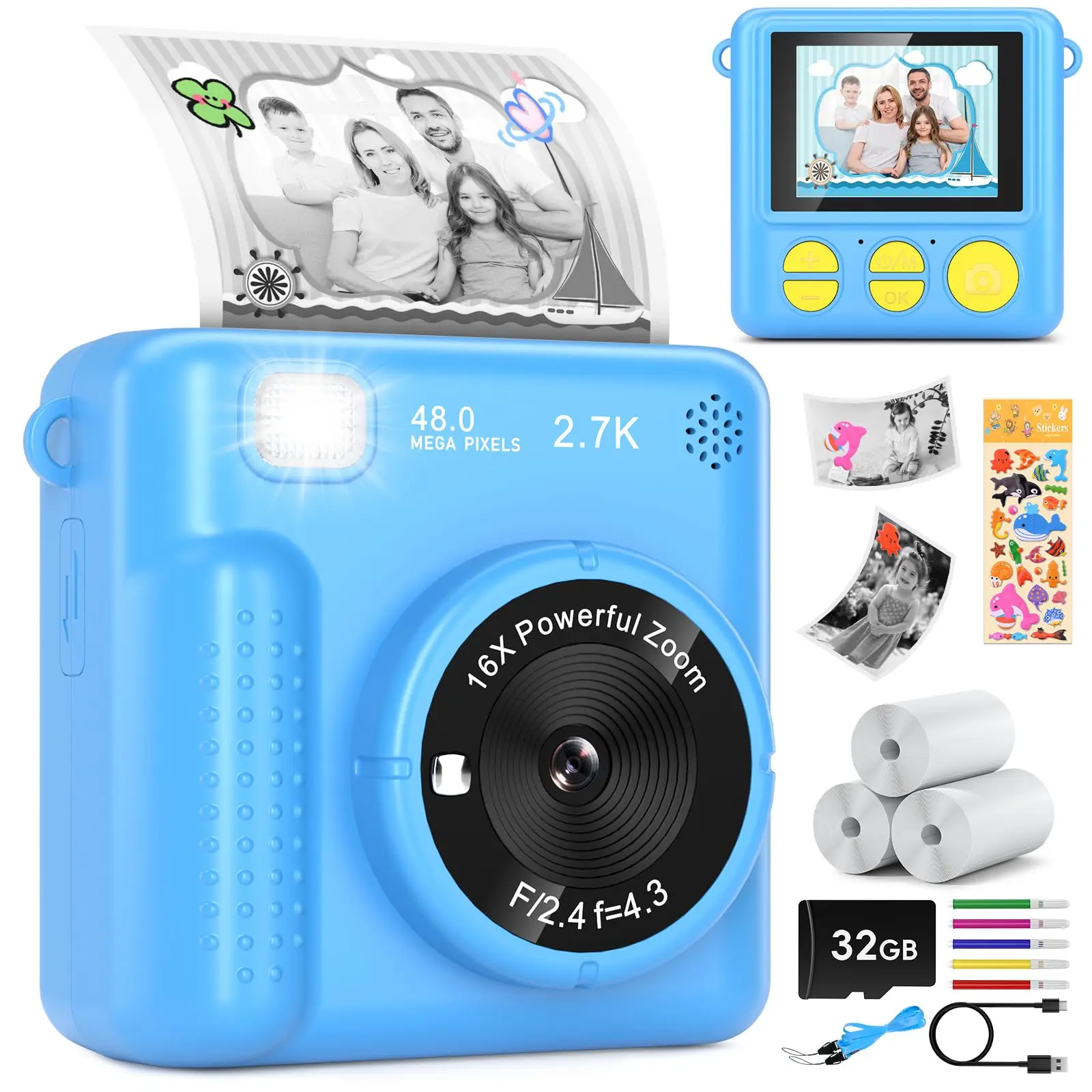 

ortable travel toys, children's cameras, instant printing FHD selfies, digital cameras for children aged 3-12, Christmas and bir