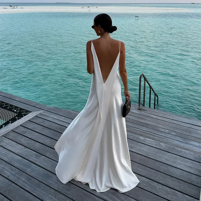 Backless Satin Long Sling Dress Women V Neck Sleeveless Slit Solid Sexy Party Dresses 2026 Summer Lady Vacation Evening Robes