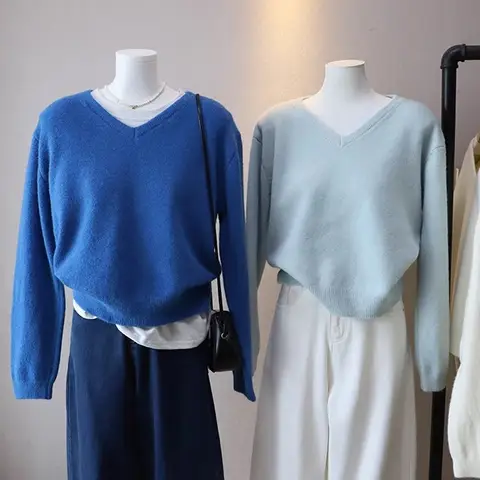 블루 소프트 코지 브이넥 여성 니트웨어 루즈 패셔너블 레이지 필 가을 겨울 신상 캐주얼 루즈핏 니트 탑