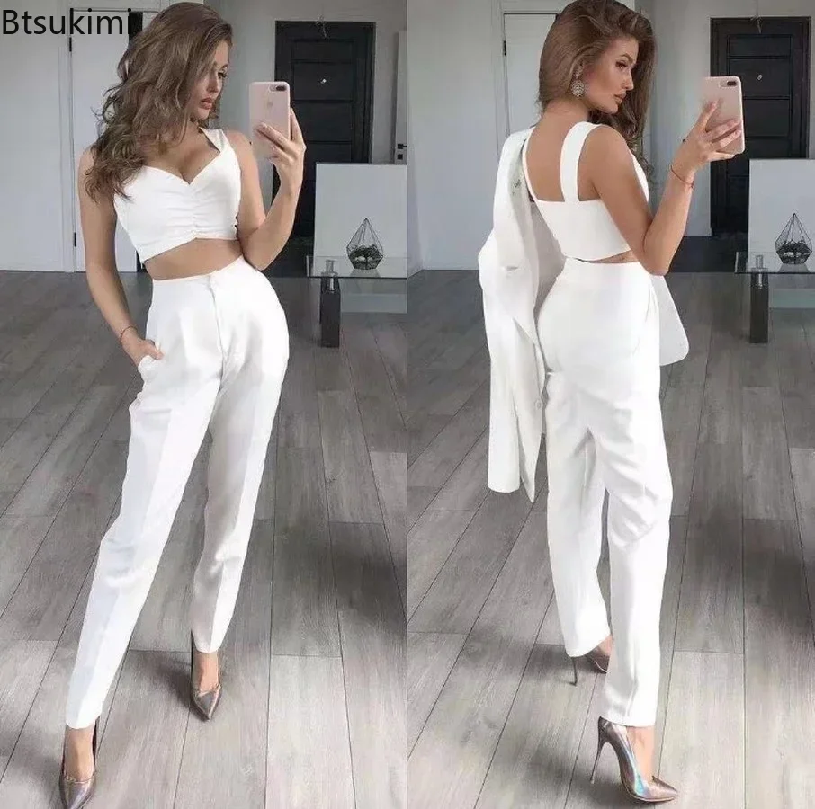 New Women Elegant Office Suits Pants 3PCS Breathable Turndown Collar Women Jacket Dress Suits Slim Jacket+Vest +Pants Suit Set