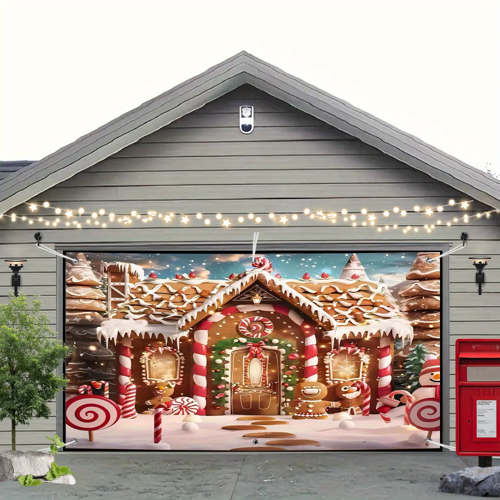 One piece, Christmas gingerbread house gingerbread man candy house cane candy blue sky white clouds painting art pattern banner