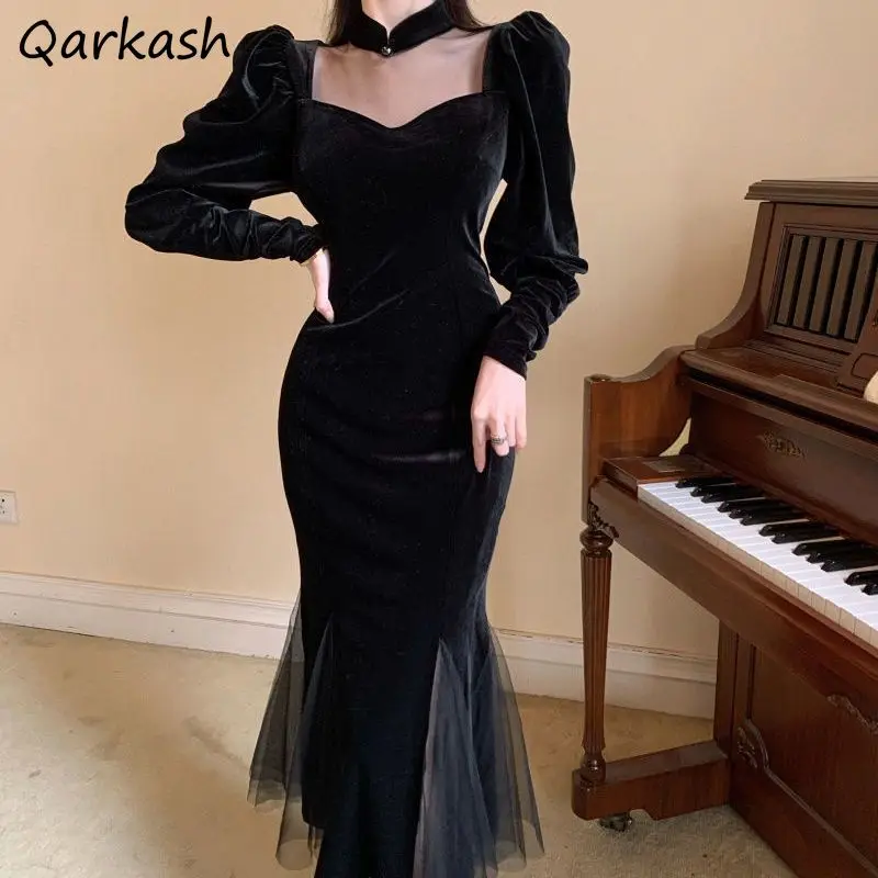 

Long Sleeve Midi Dresses Women Mesh Velvet Patchwork Hollow Out Sexy Slim O-neck A-line Bodycon Flattering Waist Temperament