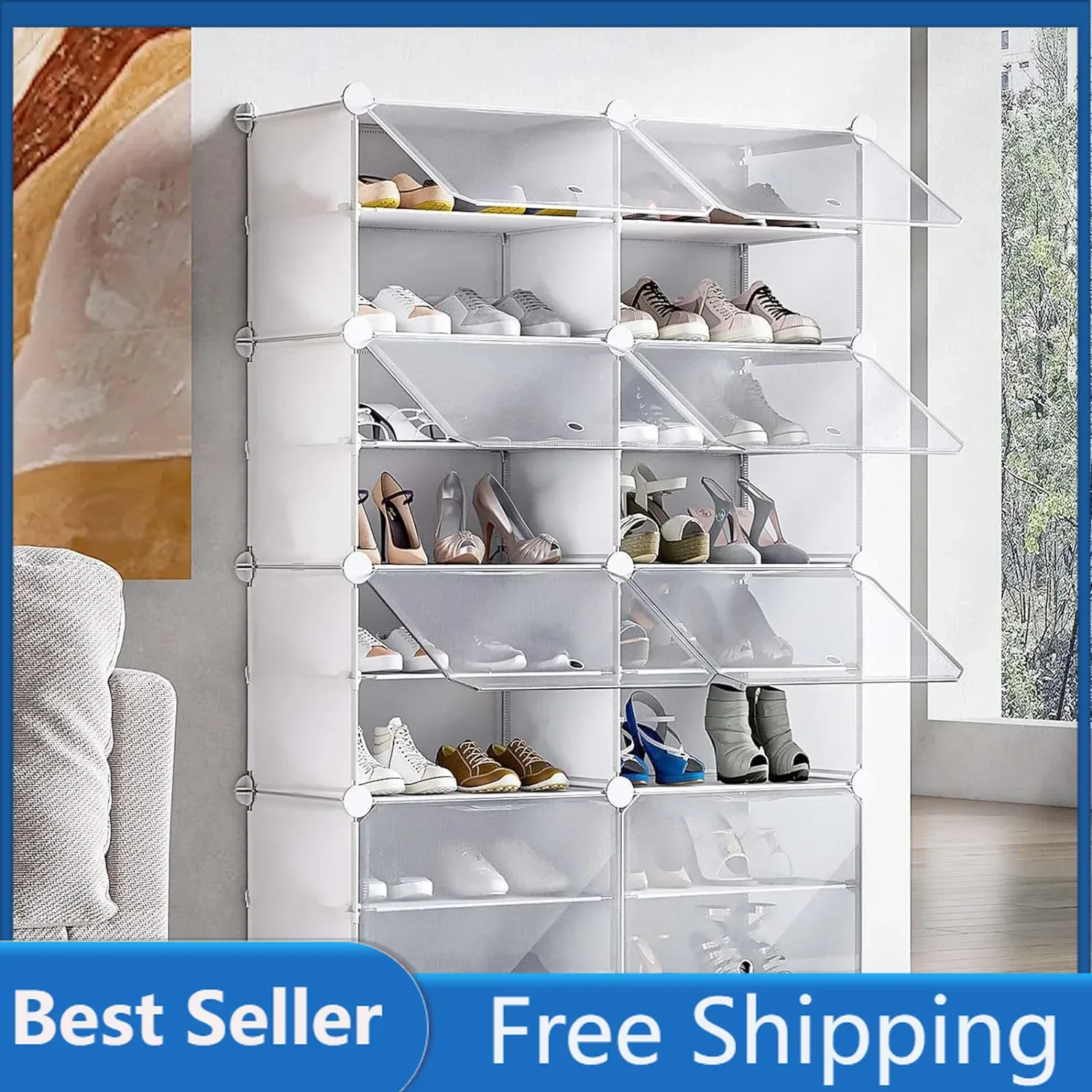 Shoe Rack, 8 Cube 16-Tier Storage Cabinet 32 Pairs Plastic Freestanding Shoe Organizer DIY Shoe Shelves for Entryway