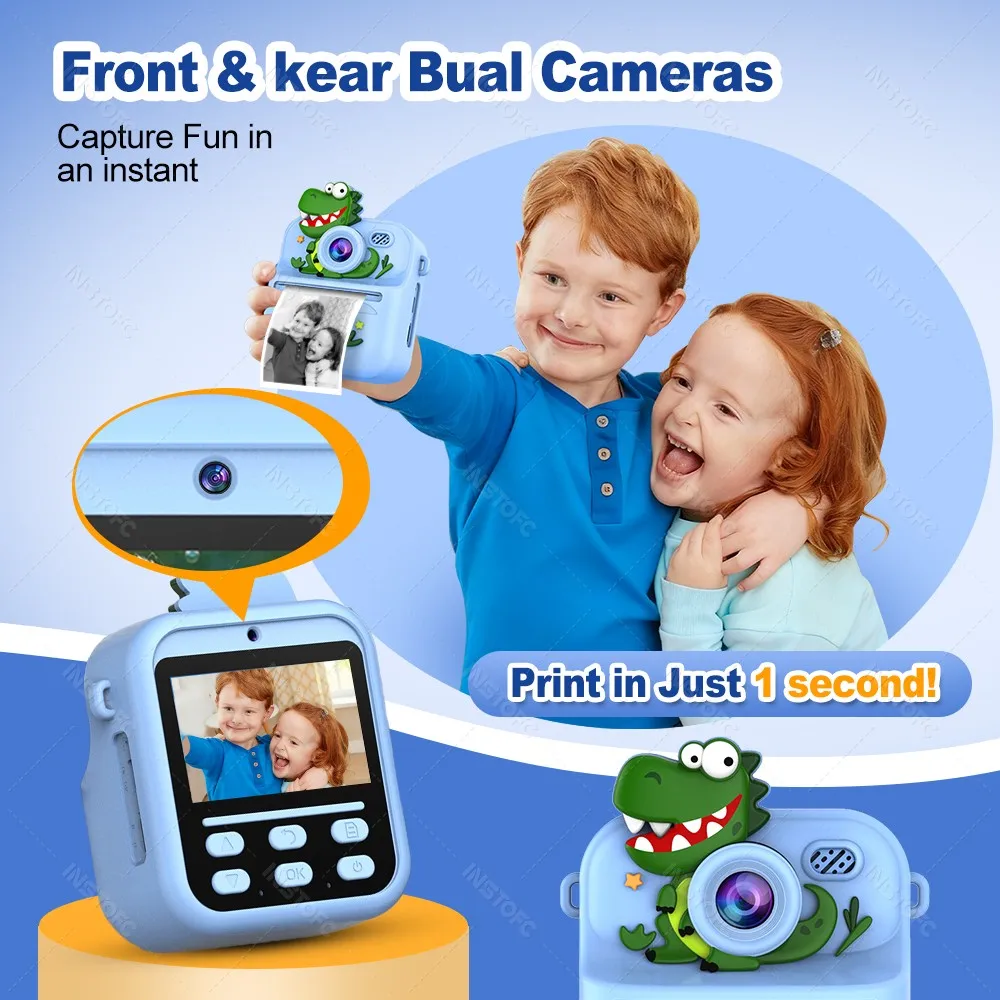 Kids Camera Instant Print Digital Dual Camera HD 1080P Video Mini Color Display 57x25mm Thermal Printer for Girls Boys Gifts