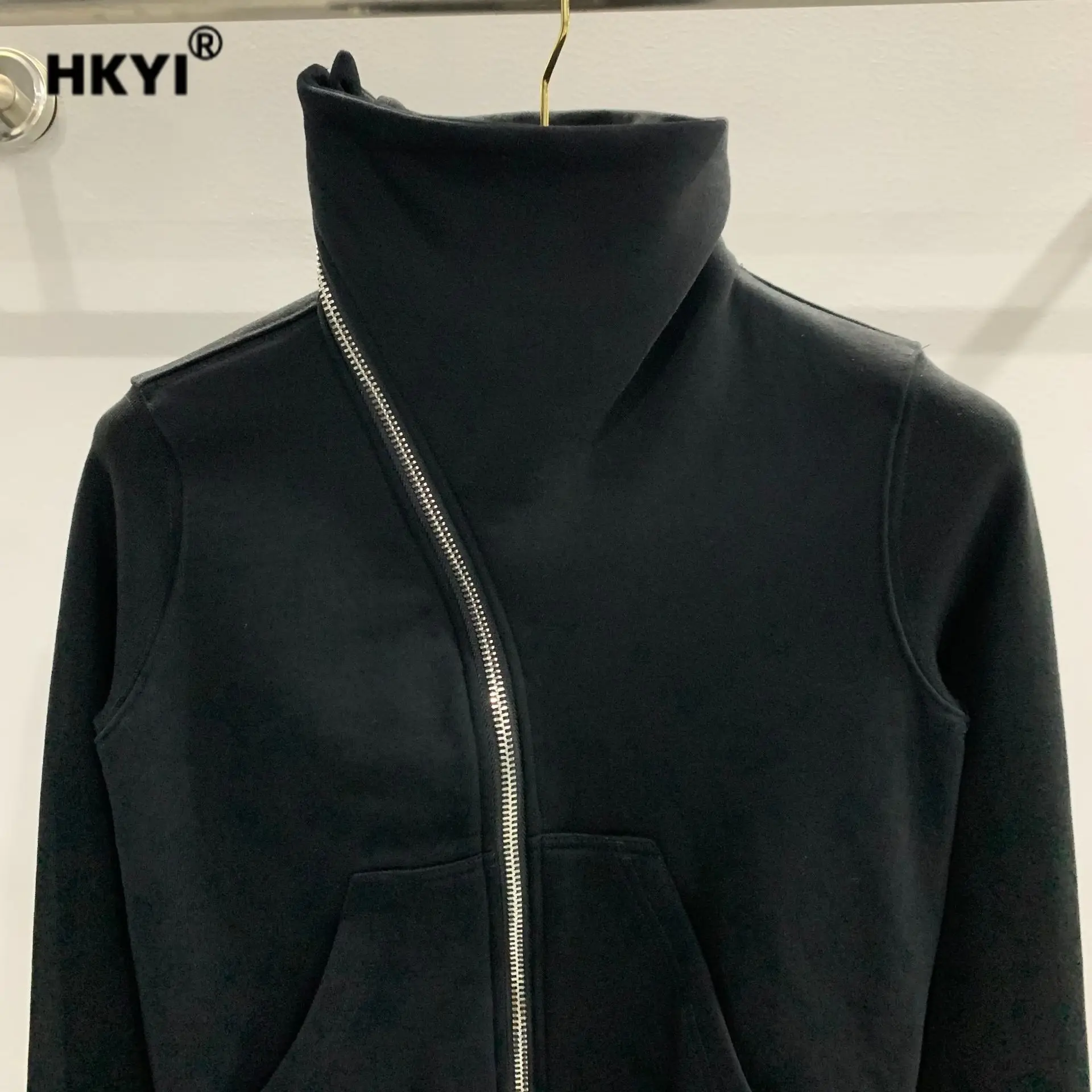 HKYI Women's Double Lined Float Strap Diagonal Zipper High Collar Cotton Matte Hoodie Coat sweatshirt hoodies women