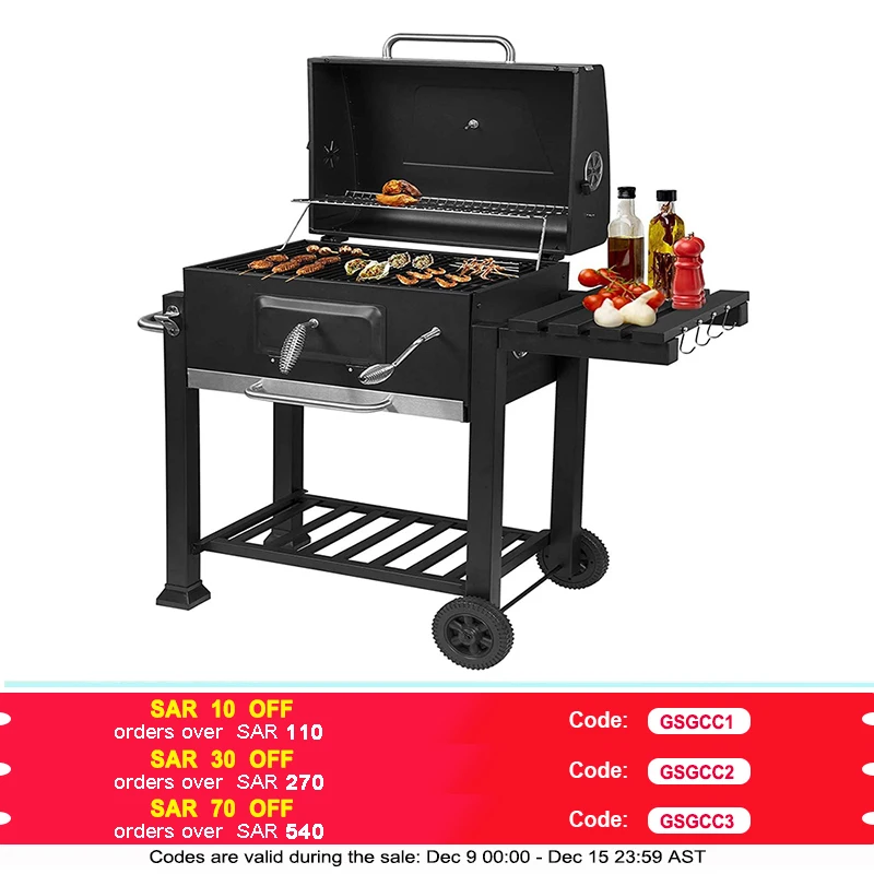 Charcoal Grill Trolley Charcoal Tray Height Adjustable Wheeled Bottle Opener Stand Grill Black