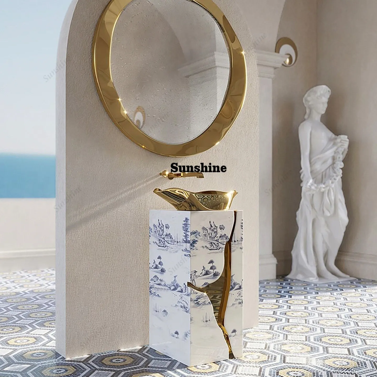 

Italian light luxury stainless steel washtable villa hotel high-end design integrated column basin creativity