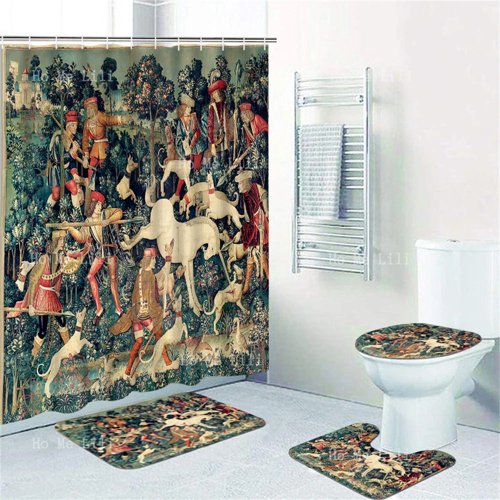 The Hanging Of Saint Etienne Scene The Lady And Unicorn Defends Itself Medieval Shower Curtain And Floor Mat Four-piece Set