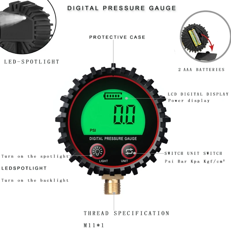 Digital Air Pressure Gauge with LED Light M11 Screw Thread 0-255 psi Accuracy 1% Tire Pressure Gauge