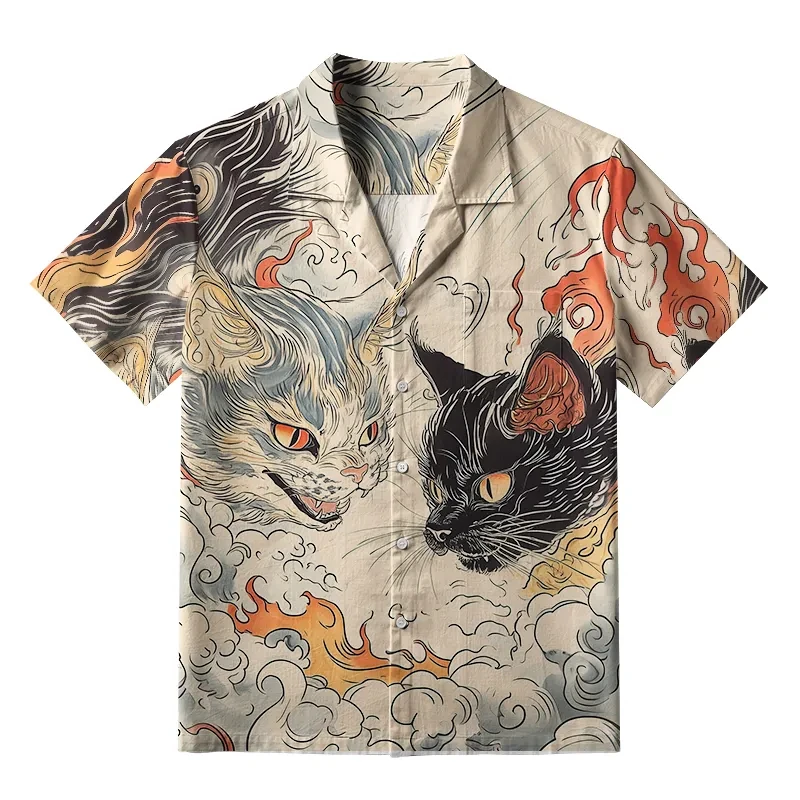 Popular Japanese Style Floating World Waves, Mount Fuji Surfing, Little Black Cat, Full Printed Short Sleeved Men's Loose Shirt