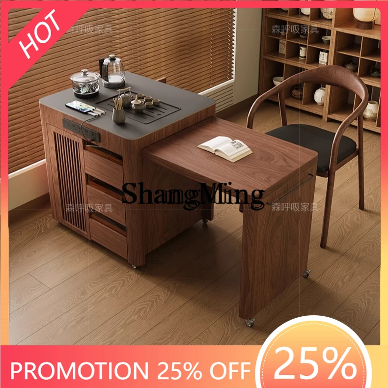 

SM balcony tea table rock slab medium ancient style small solid wood Kung Fu retractable tea cart home