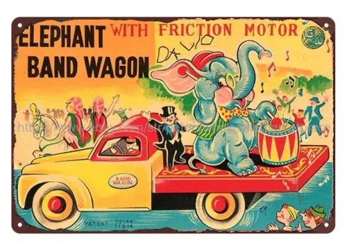 1950 ELEPHANT BAND WAGON FRICTION POWERED TIN TRUCK toy metal tin sign