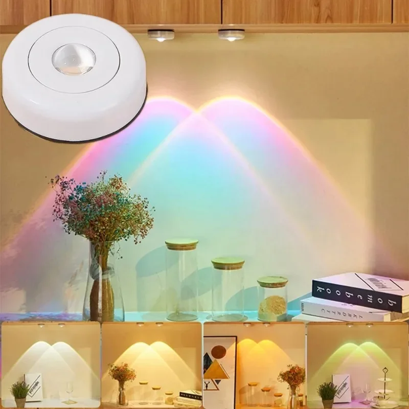 Touch LED Cabinet Light Sticky Kitchen Bedroom Closet Cupboard Night Light Battery Powered Sunset Rainbow Projector Home Decor