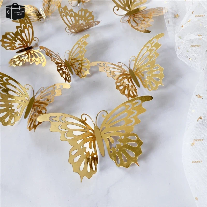 Adesivo de parede em forma de borboleta 3d oco, cor ouro, prata, rosa, decoração para casa, festa de aniversário e casamento, 12 pçs/set