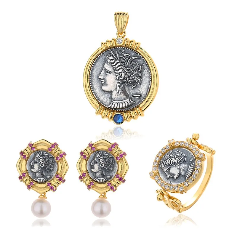 

TNT ZFSILVER S925 Silver Pearl Tannette Retro Gold Ancient Coin Sets Earrings Rings Pendants Without Chain Women Wedding Jewelry