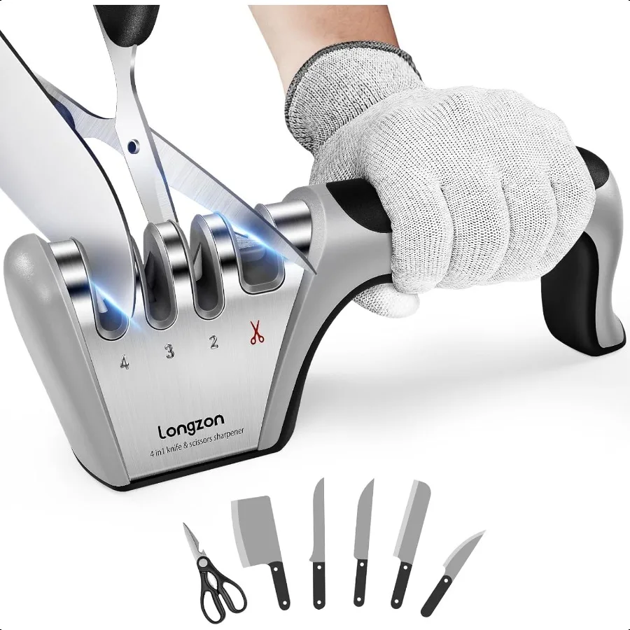 

4in1 Knife Sharpener [4 Stage] with a Pair of CutResistant Glove Original Premium Polish Blades Best Kitchen Knife Sharpener Re