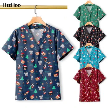 Noel üniforma toptan hayvan baskılı hemşirelik fırçalayın üst diş hekimi kliniği tulum tıbbi bluz kadınlar hemşirelik makaleleri fırçalayın