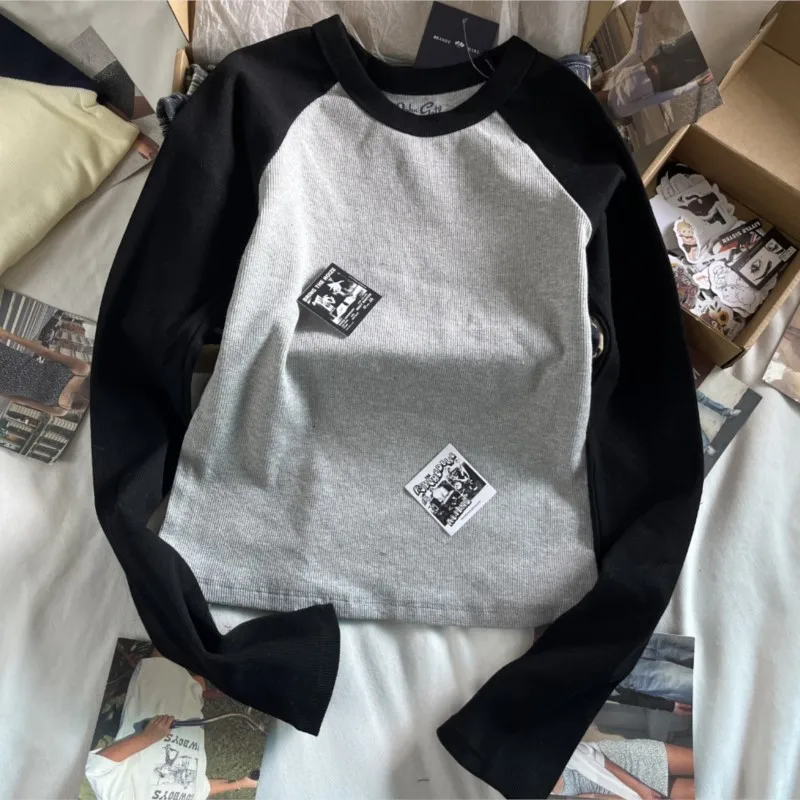 Retro Patchwork Ribbed T-shirt Women Autumn Casual O-Neck Cotton Long Sleeve Tee Shirt Vintage Streetwear Chic T Shirt Y2K Tops