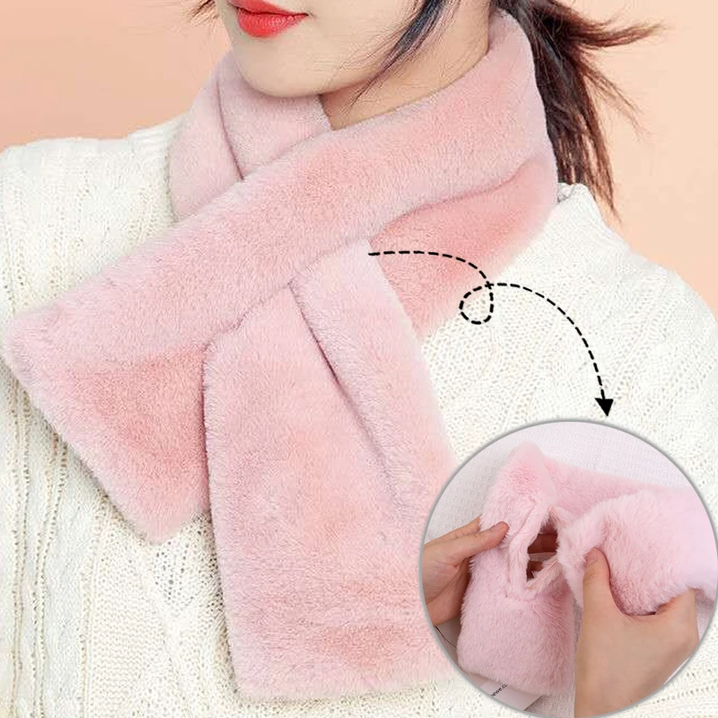 Winter Warm Plush Thicken Scarfs Faux Rabbit Fur Cross Collar Scarf Shawl Warm Soft Thicken Snood Scarves Korean Women\'S Scarf