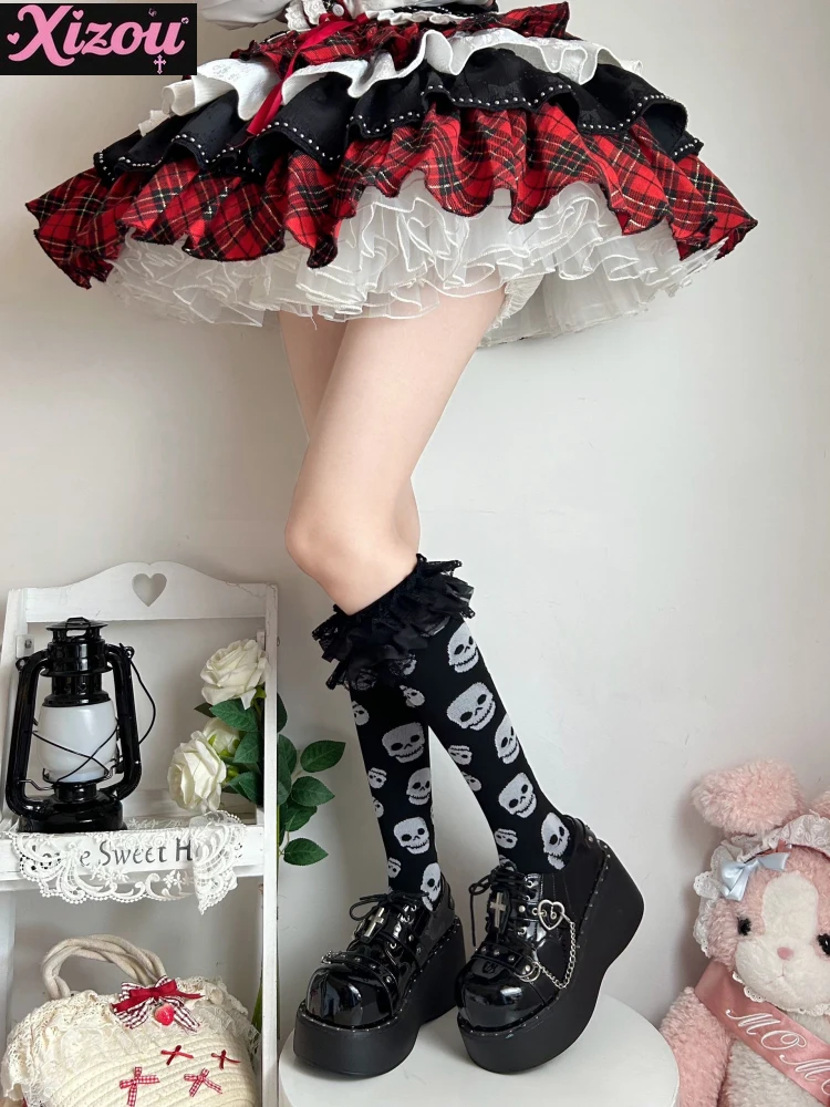 Japanese y2k yabifeng autumn lolita sweet music note black lace calf socks women's pressure socks personality girl tube socks