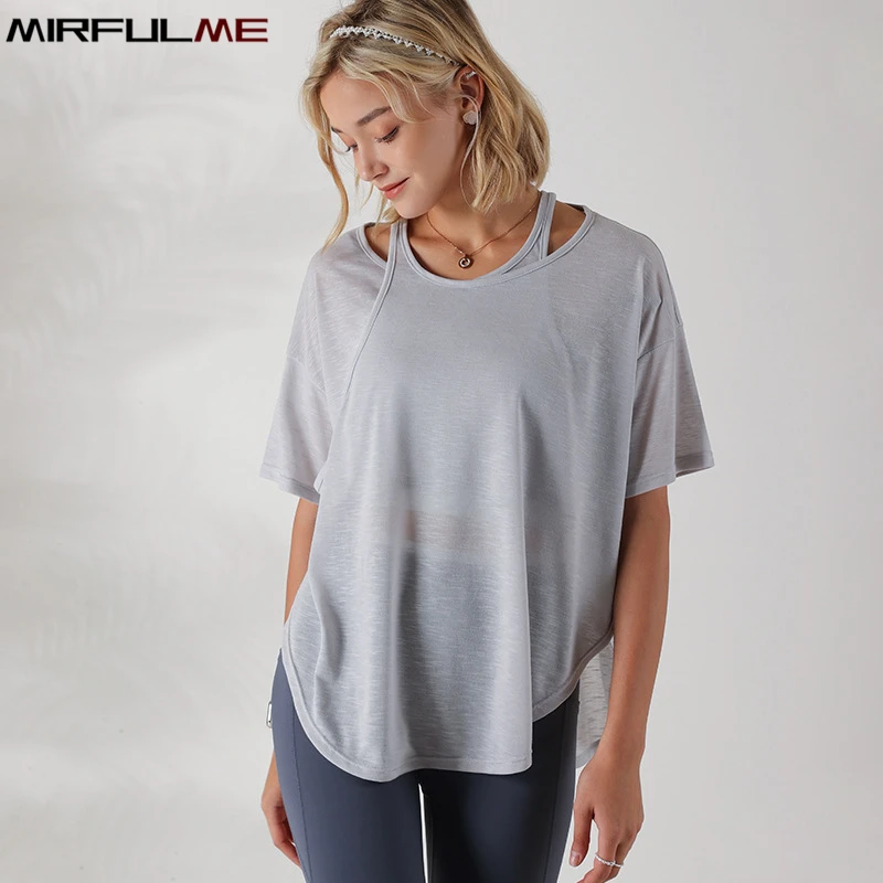 Women Loose Yoga Shirt Oversized Sport Tops Short Sleeve Running T-shirt Breathable Gym Fitness Top Fake Two Piece Blouse Female