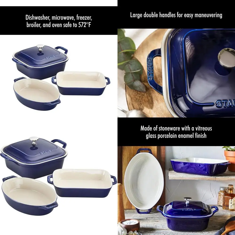 

Набор темно-синих керамических форм для выпечки из 4 предметов с блюдом для запеканок и сковородой для бровей