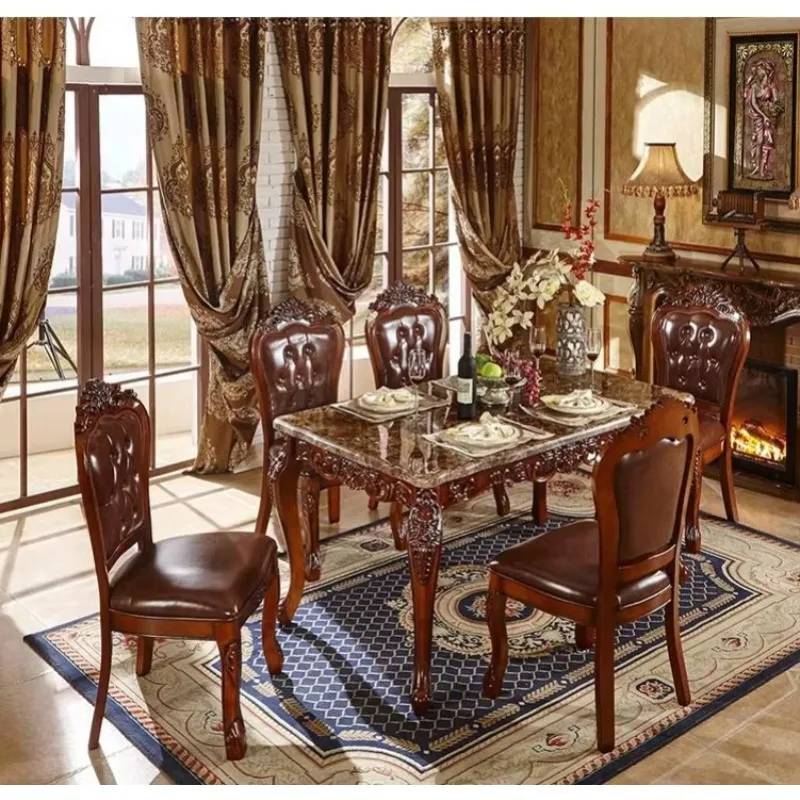 European Royal Marble Dining Table Chair Set Combination Dining Table Solid Wood Carving Rectangular Retro Dining Room Set view 4